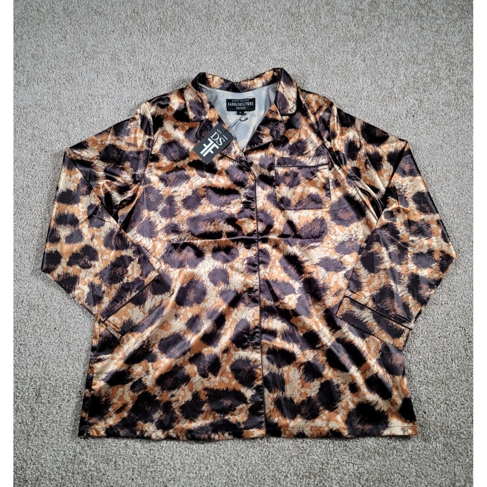 Donna Salyers Fabulous Furs Pajama Top Size XL Leopard Print Satin Buttons NWT